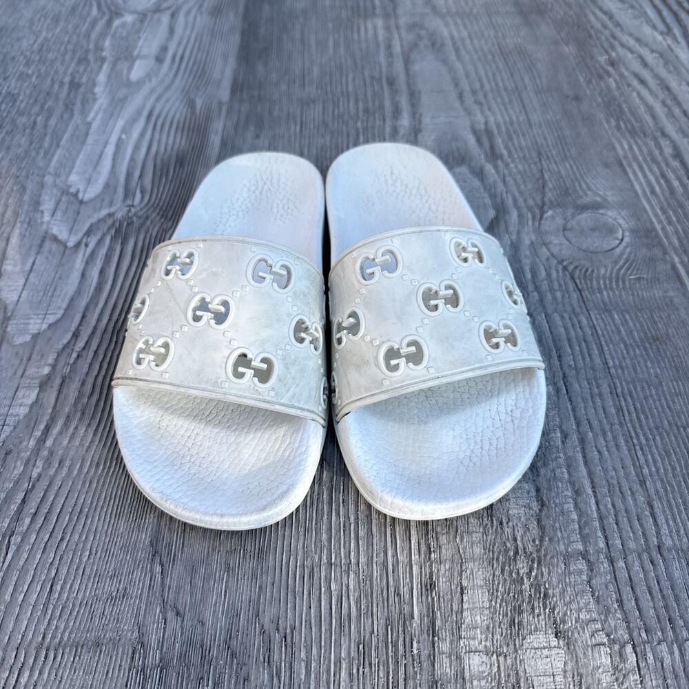 GUCCI White Rubber GG Logo Pursuit Slides Sandals Women’s 5 Kids 3.5 Authentic